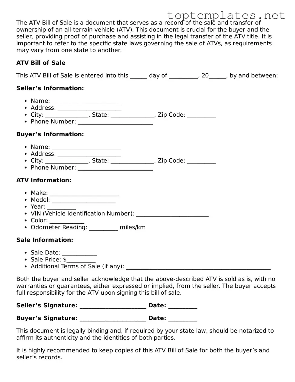 Valid ATV Bill of Sale Template