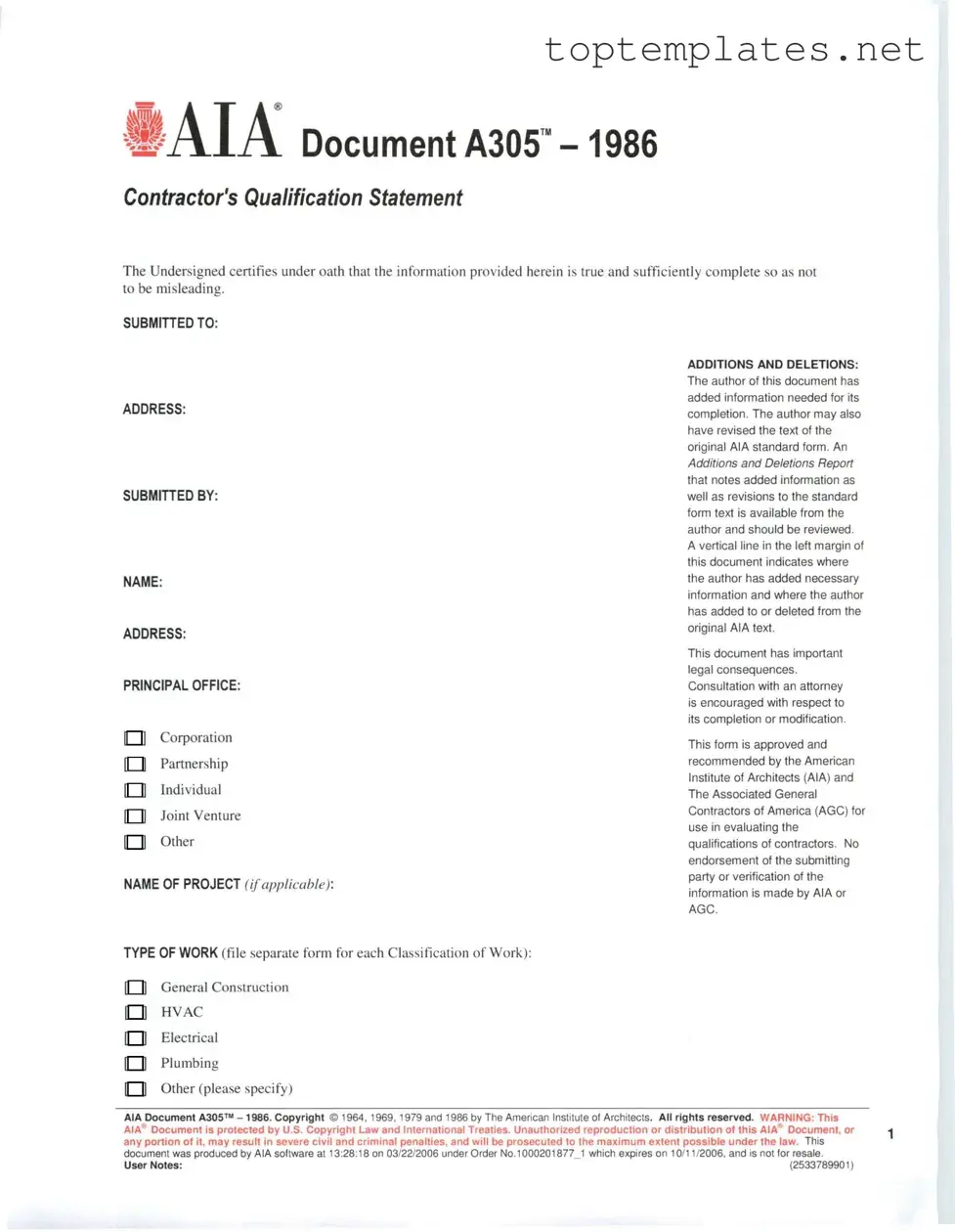Free AIA A305 PDF Form