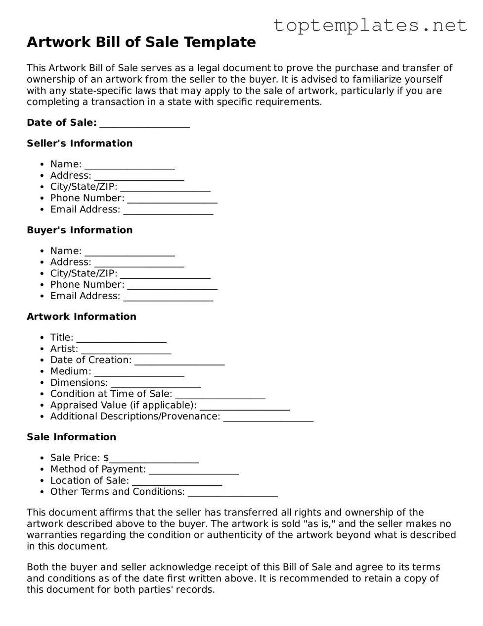 Valid Artwork Bill of Sale Template