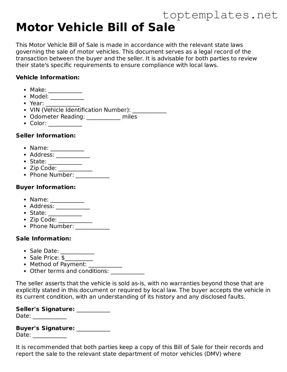Valid Motor Vehicle Bill of Sale Template