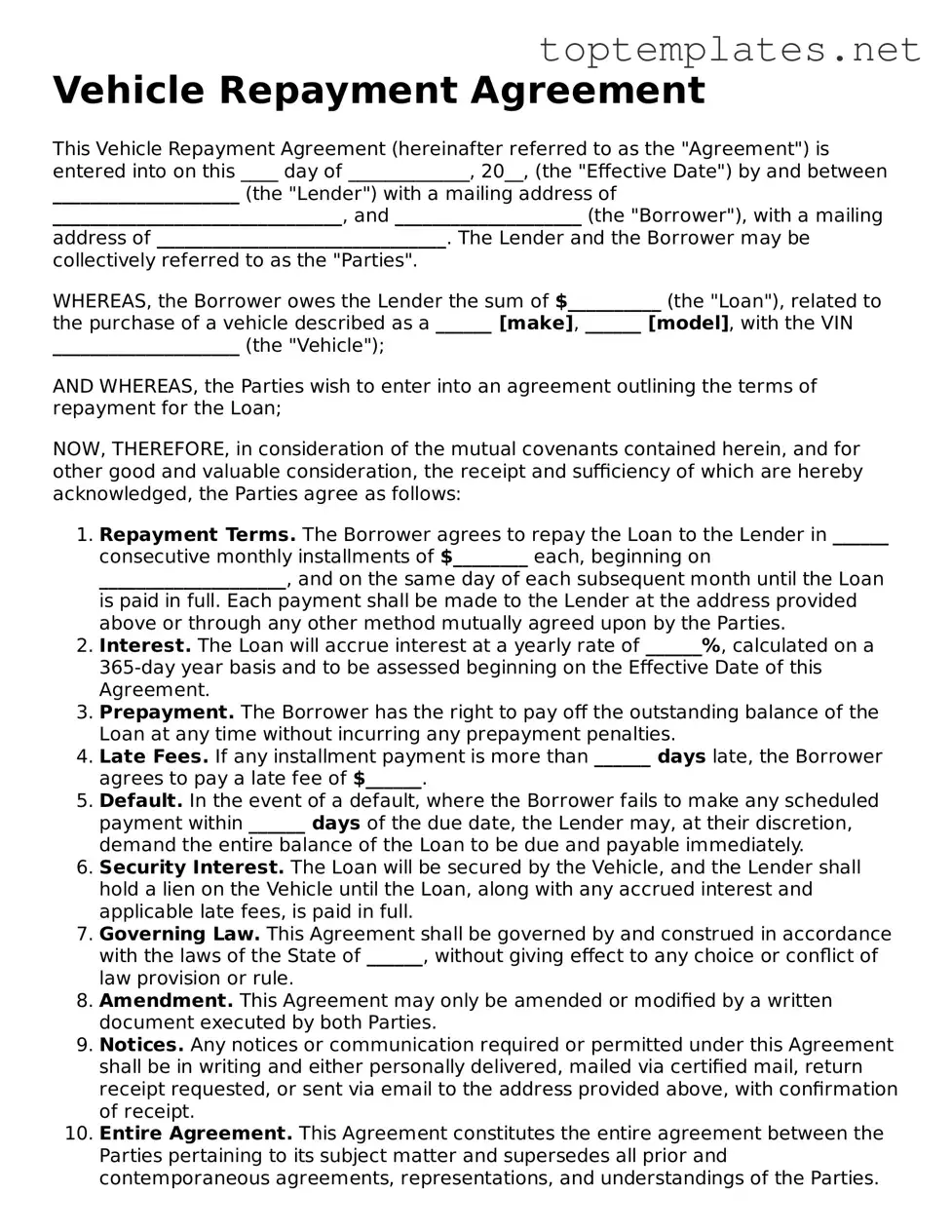 Valid Vehicle Repayment Agreement Template