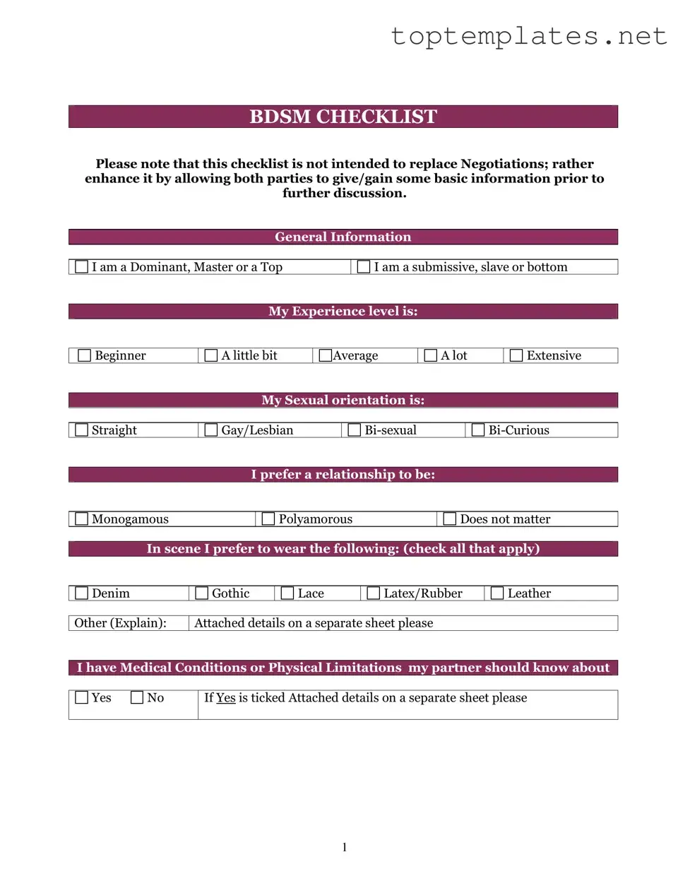 Free Bdsm Checklist PDF Form