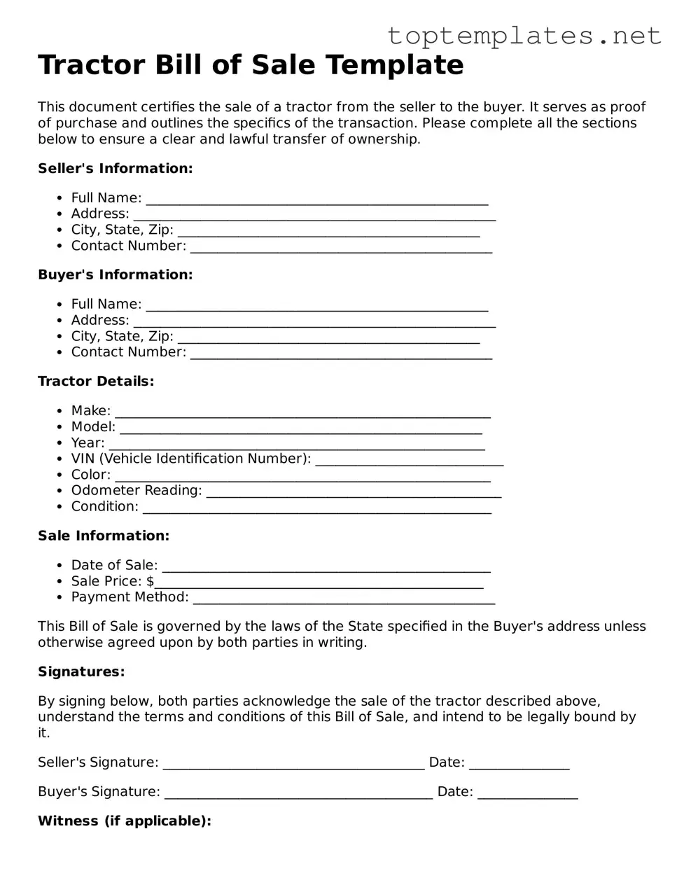 Valid Tractor Bill of Sale Template