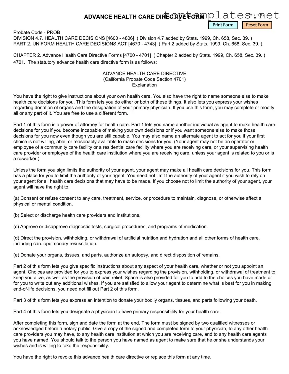 Free California Advanced Health Care Directive PDF Form