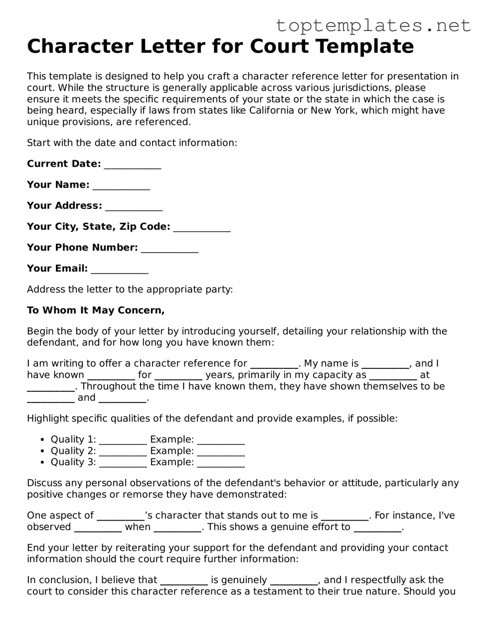 Valid Character Letter for Court Template
