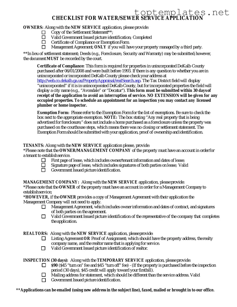 Free Dekalb County Water Application PDF Form