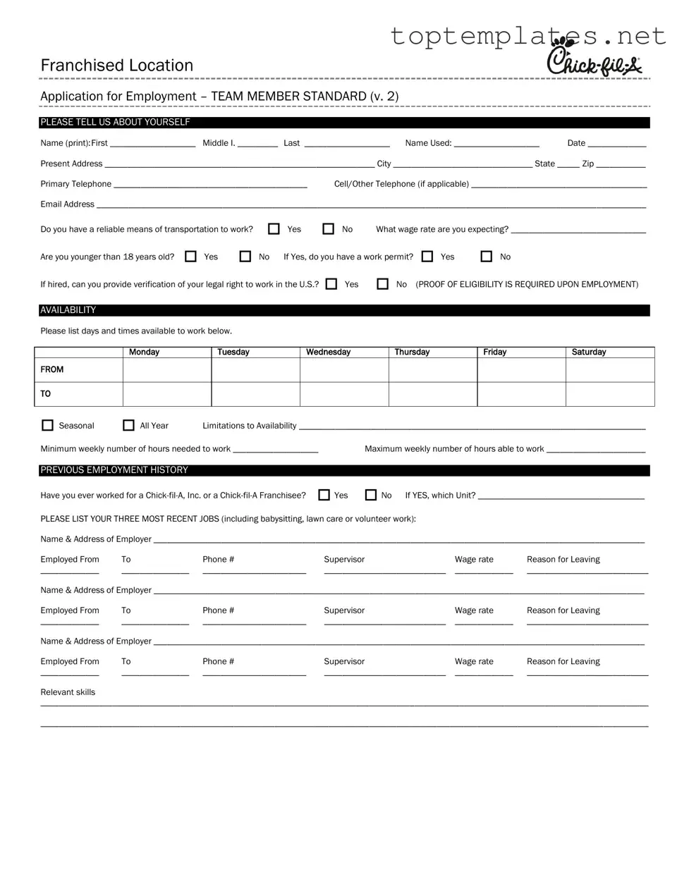 Free Chick Fil A Job Application PDF Form