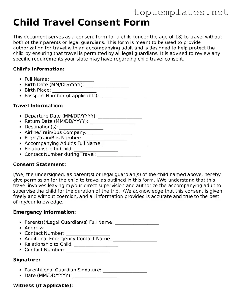 Valid Child Travel Consent Form Template