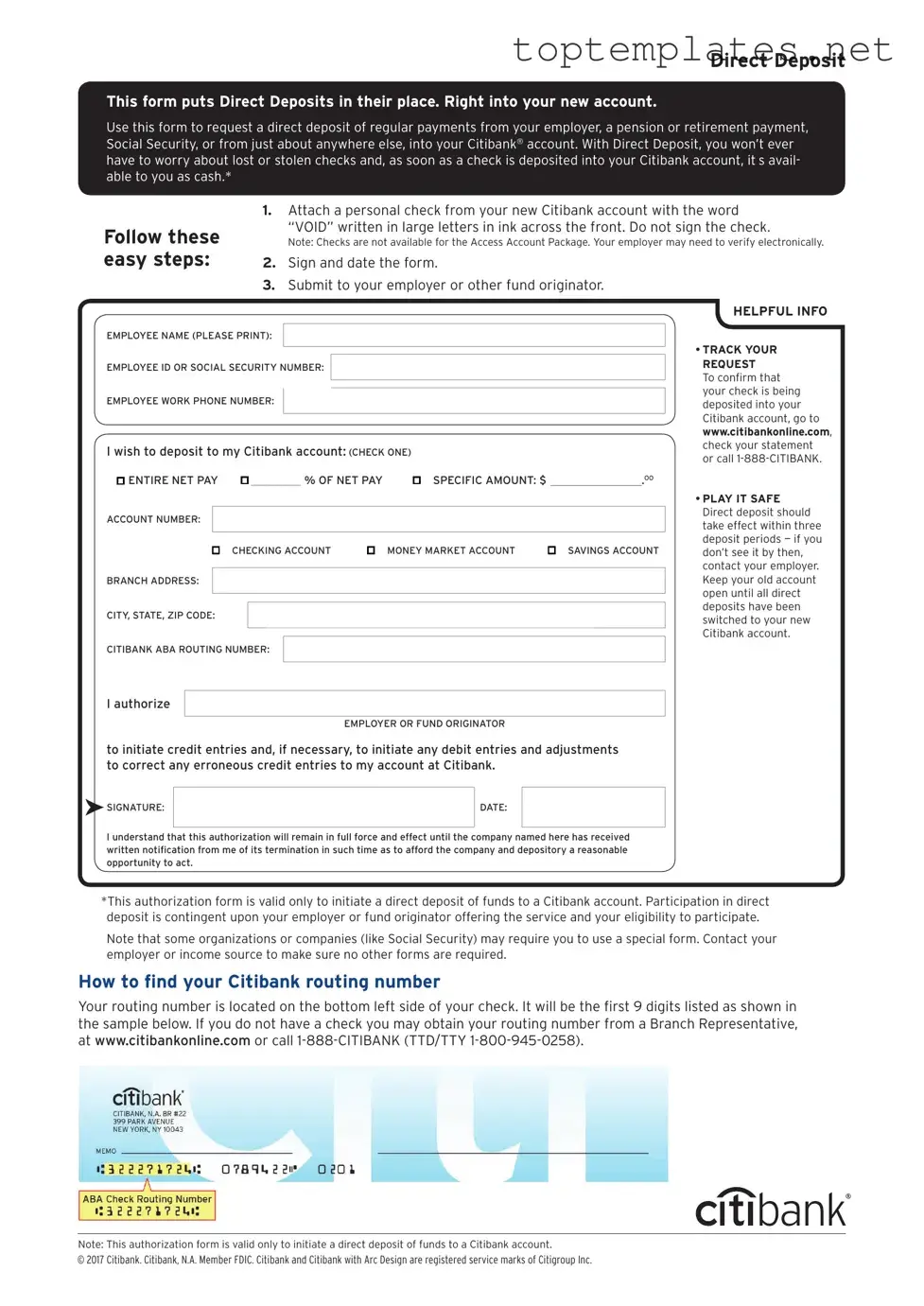 Free Citibank Direct Deposit PDF Form