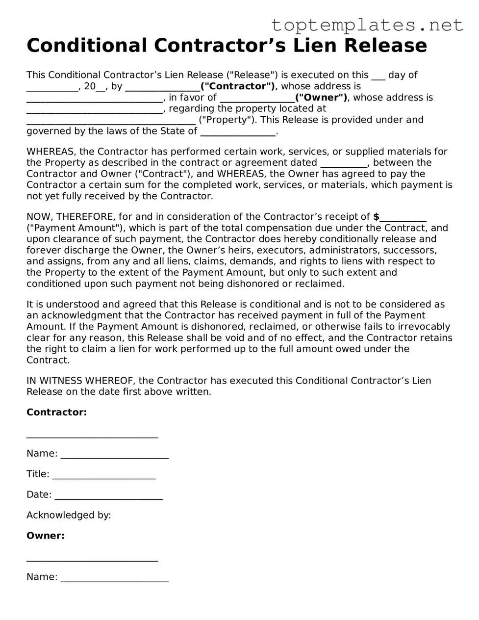 Valid Conditional Contractor’s Lien Release Template