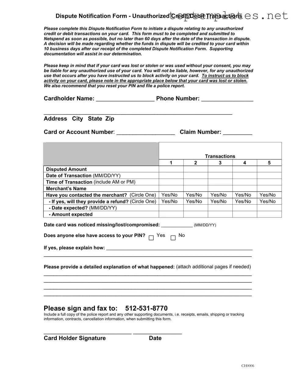 Free Netspend Dispute PDF Form