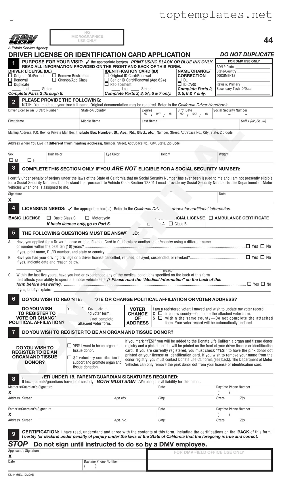 Free Ca Dmv Dl 44 PDF Form