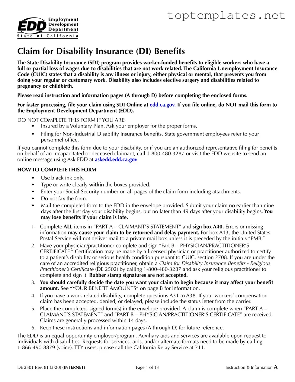 Free EDD DE 2501 PDF Form