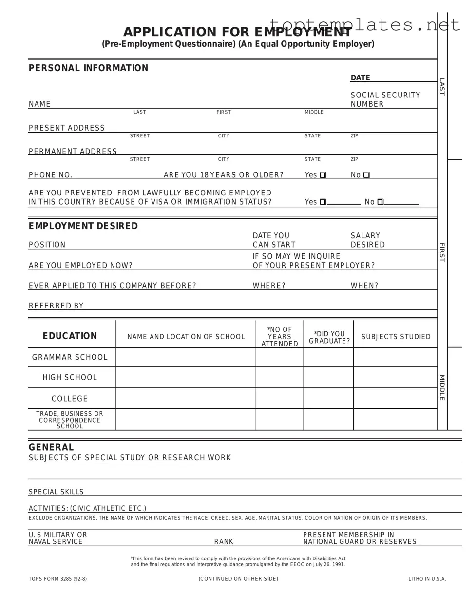 Free Employment Application Pdf PDF Form