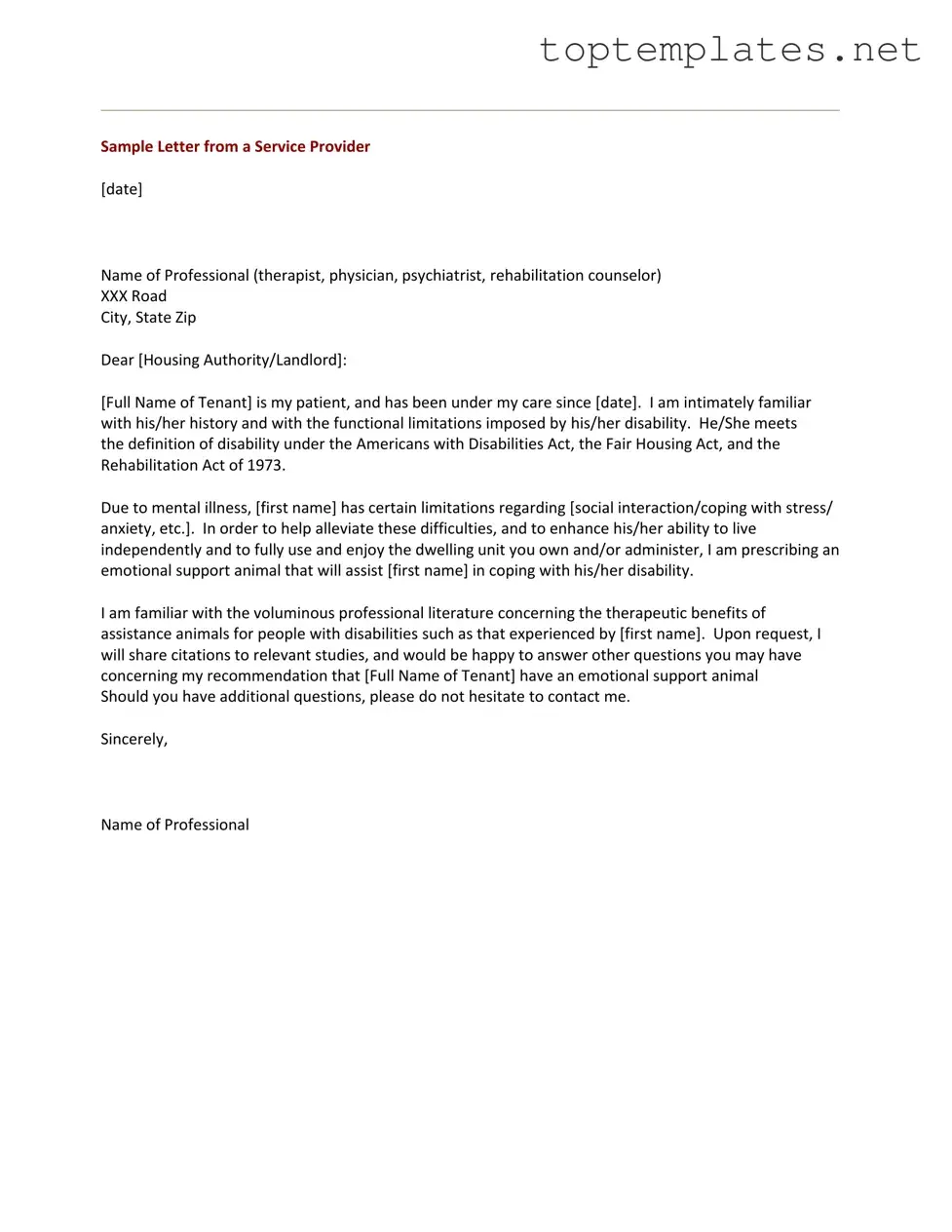 Free Emotional Support Animal Letter PDF Form