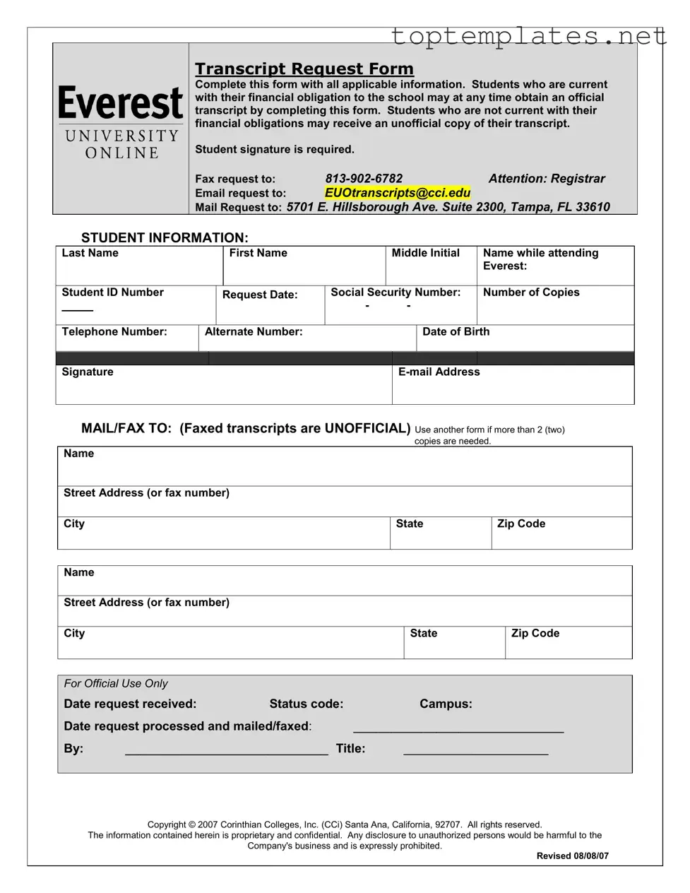 Free Everest University Transcript PDF Form