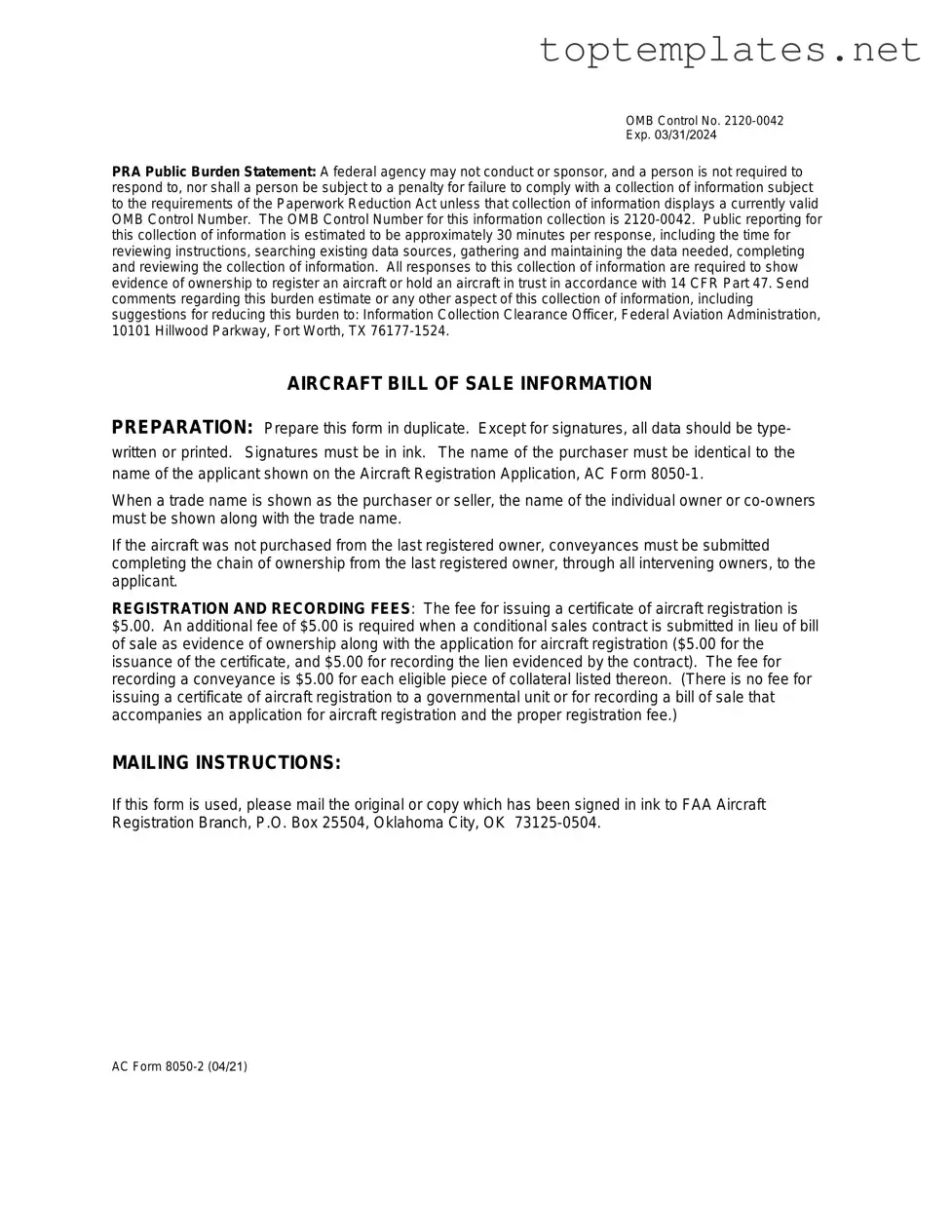 Free Aircraft Bill of Sale AC 8050-2 PDF Form