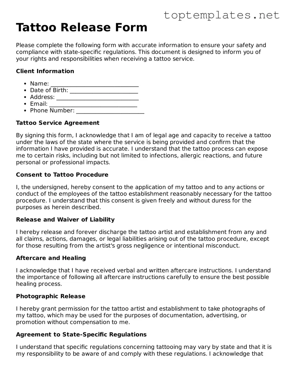Valid Tattoo Release Template