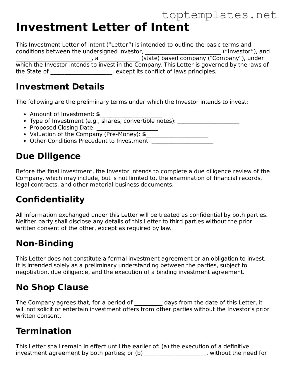 Valid Investment Letter of Intent Template