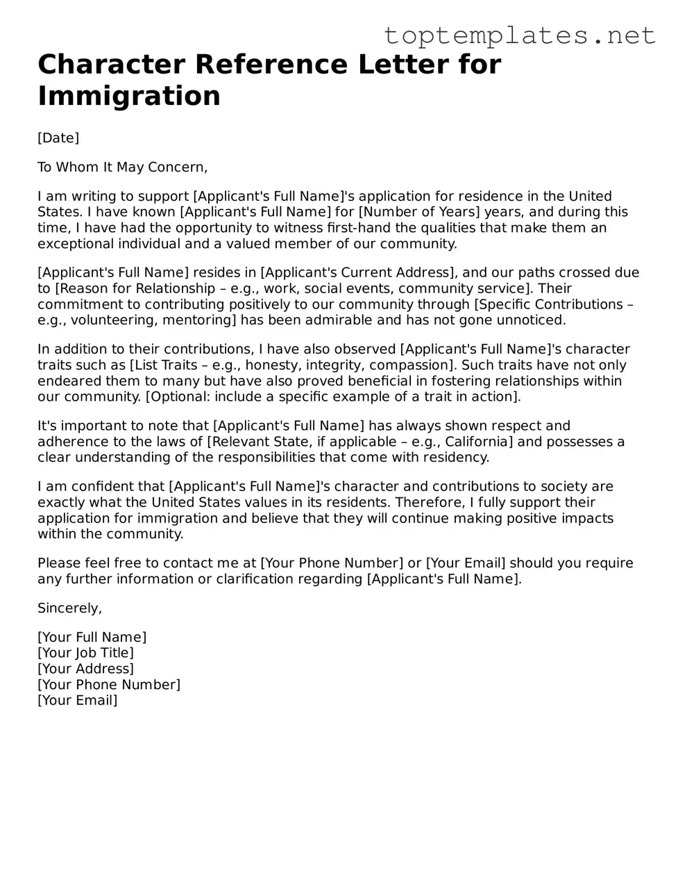 Valid Character Reference Letter for Immigration Template