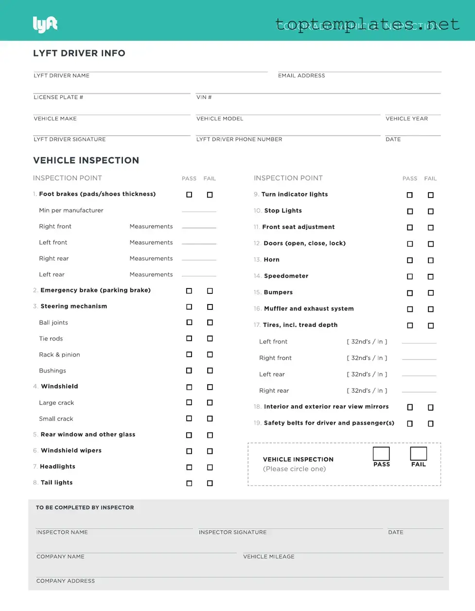 Free Lyft Inspection PDF Form