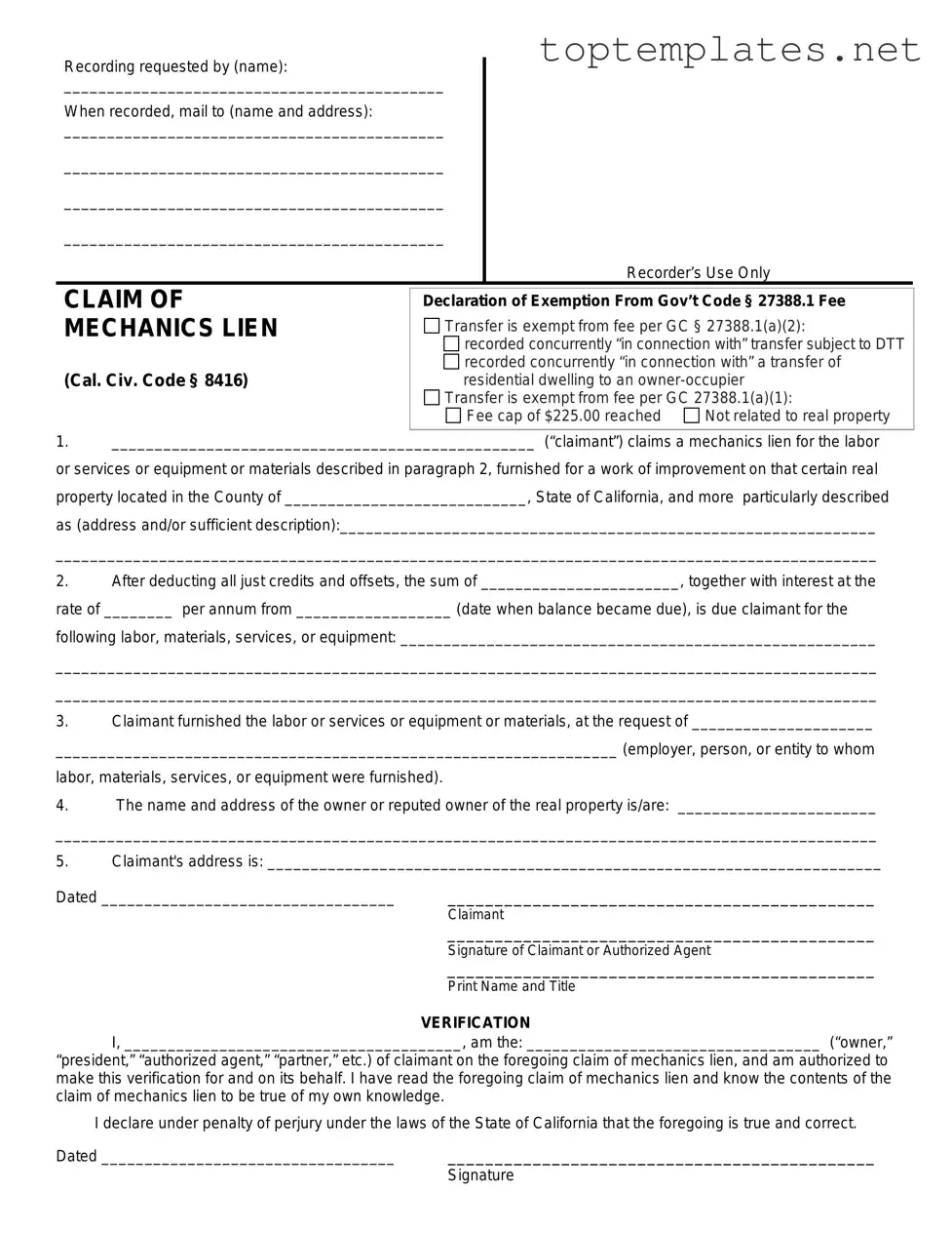 Free Mechanics Lien California PDF Form