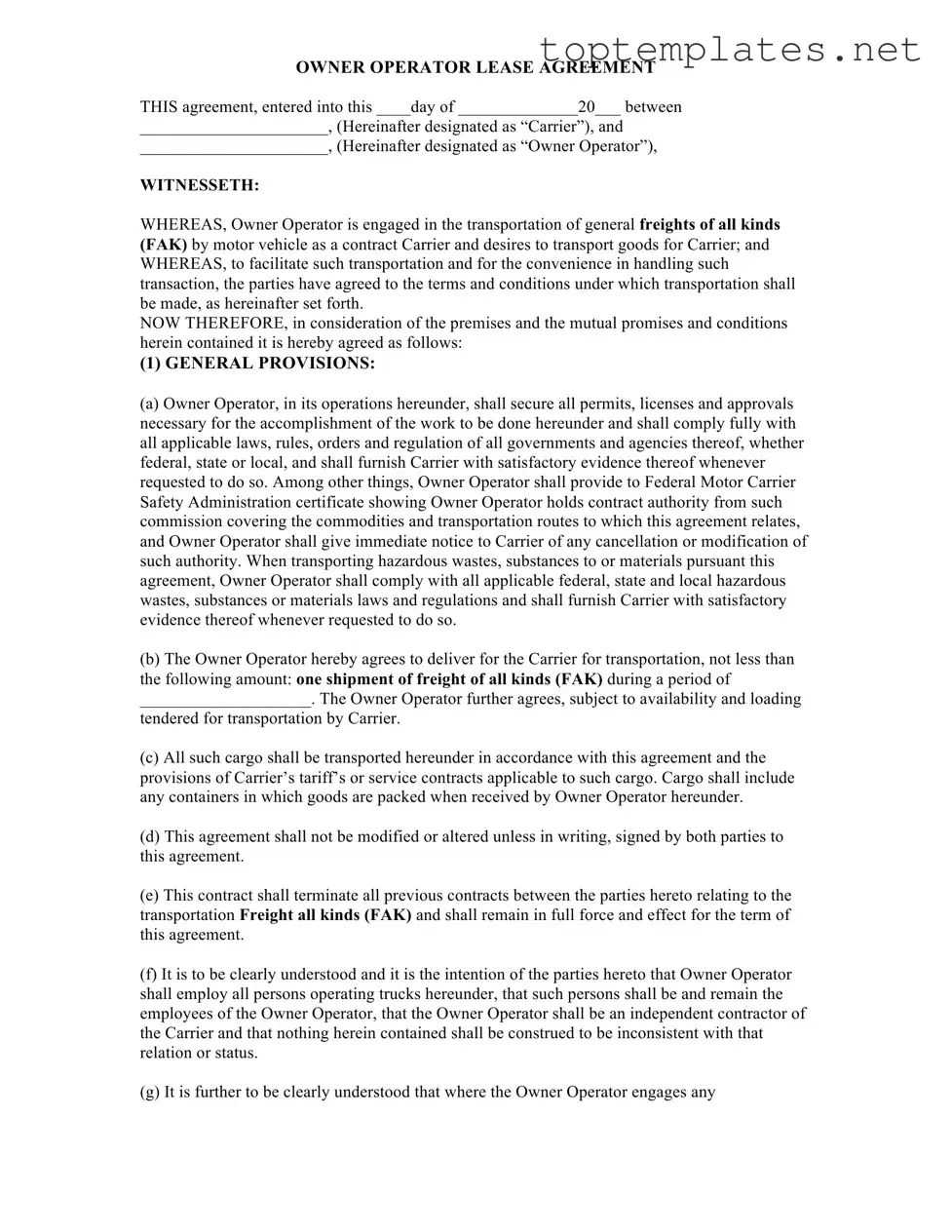 Free Owner Operator Lease Agreement PDF Form