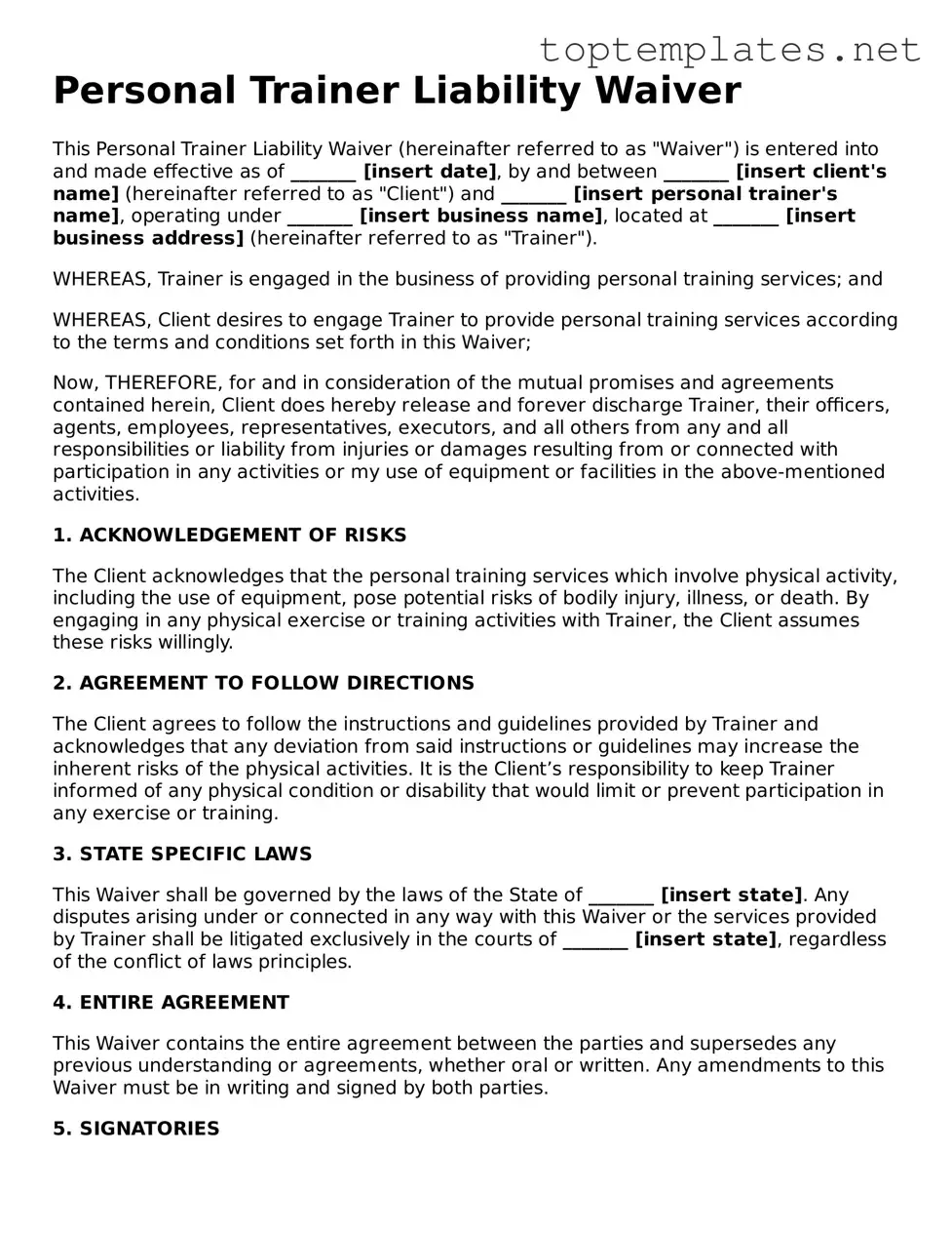 Valid Personal Trainer Liability Waiver Template