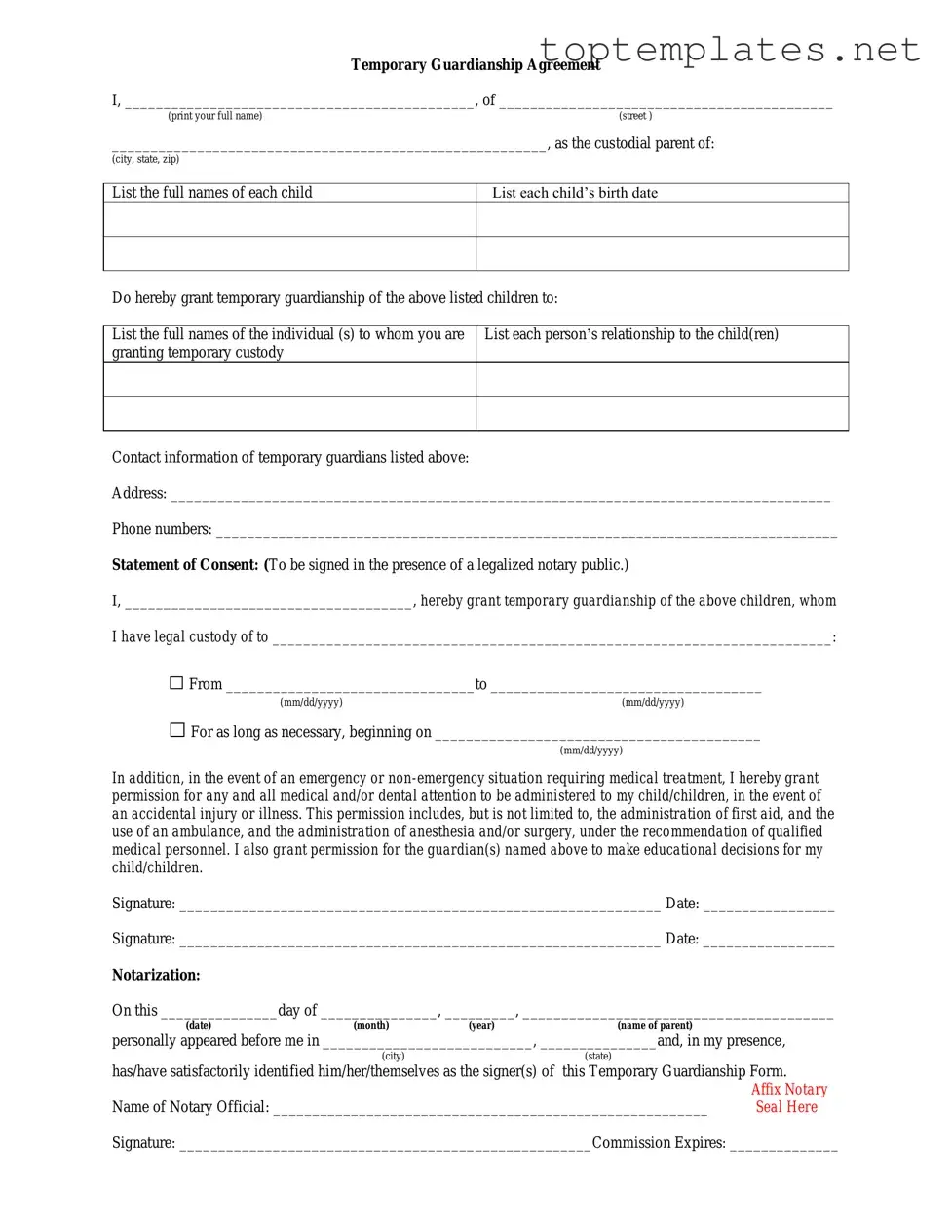 Free Temporary Custody PDF Form