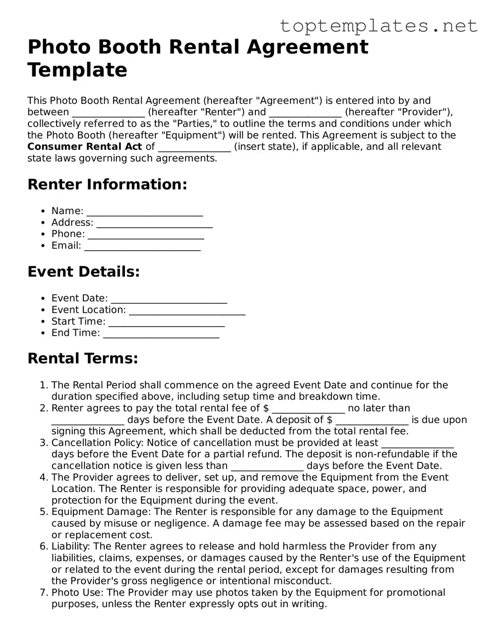 Valid Photo Booth Rental Agreement Template