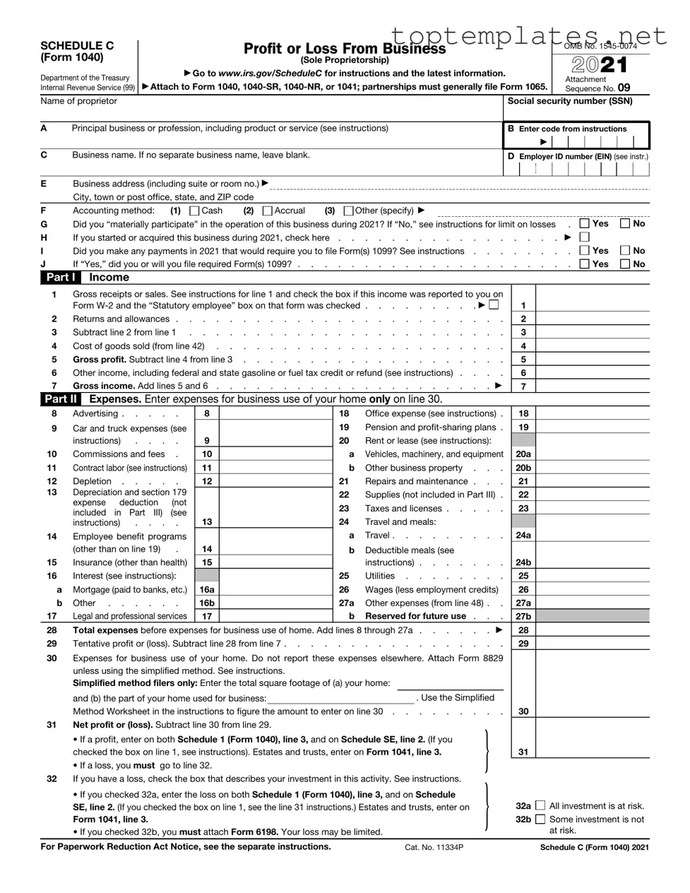 Free IRS Schedule C 1040 PDF Form