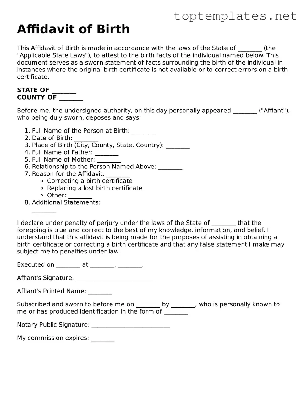 Valid Affidavit of Birth Template