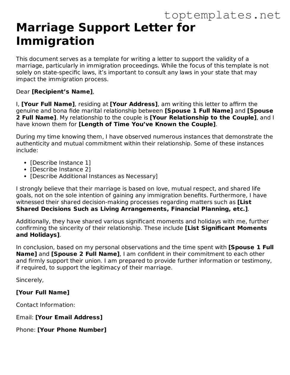 Valid Marriage Support Letter for Immigration Template
