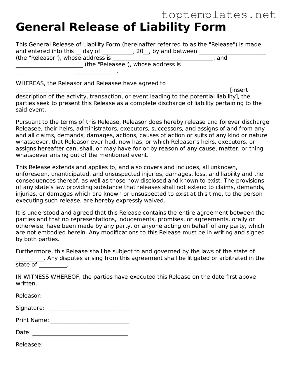 Valid Release of Liability Template