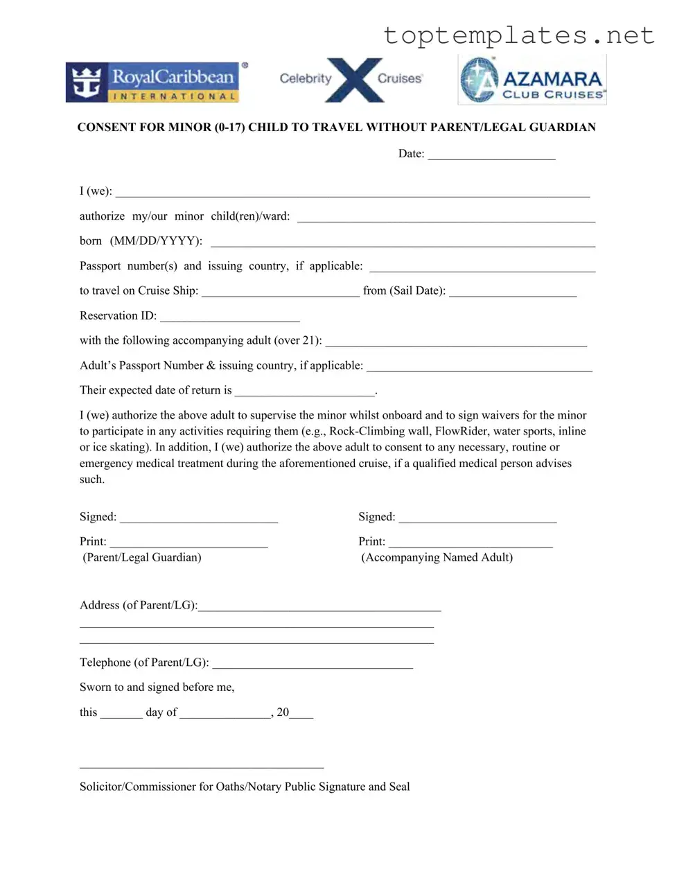 Free Royal Caribbean Parental Consent PDF Form
