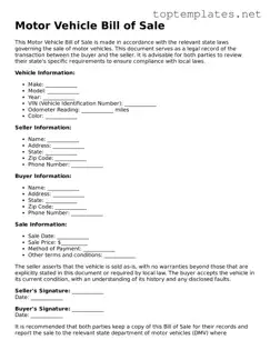 Valid Motor Vehicle Bill of Sale Template