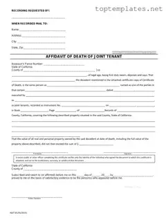 Free California Death of a Joint Tenant Affidavit PDF Form