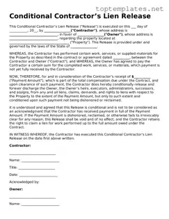 Valid Conditional Contractor’s Lien Release Template