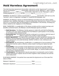 Valid Hold Harmless Agreement Template
