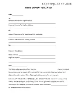 Free Intent To Lien Florida PDF Form