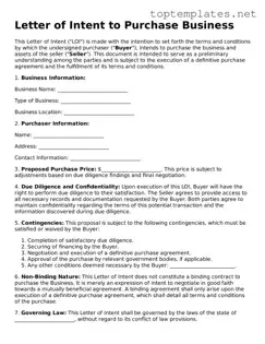 Valid Letter of Intent to Purchase Business Template