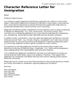 Valid Character Reference Letter for Immigration Template