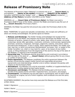 Valid Release of Promissory Note Template
