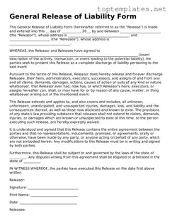 Valid Release of Liability Template