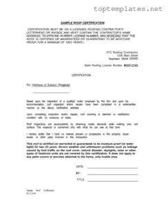 Free Sample Roof Certification PDF Form