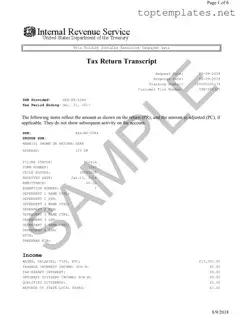 Free Sample Tax Return Transcript PDF Form