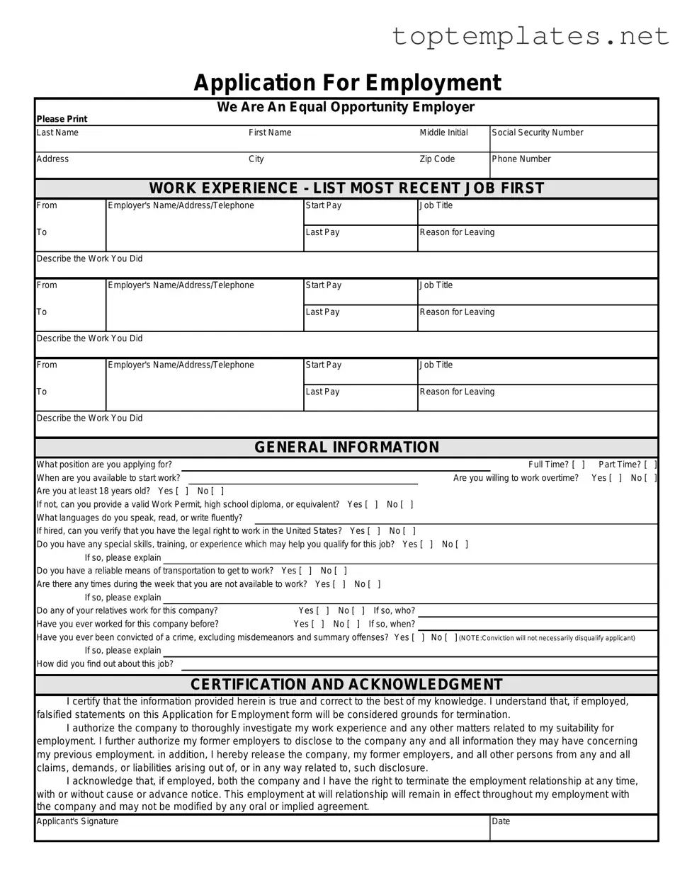 Free Spanish Application Employment PDF Form