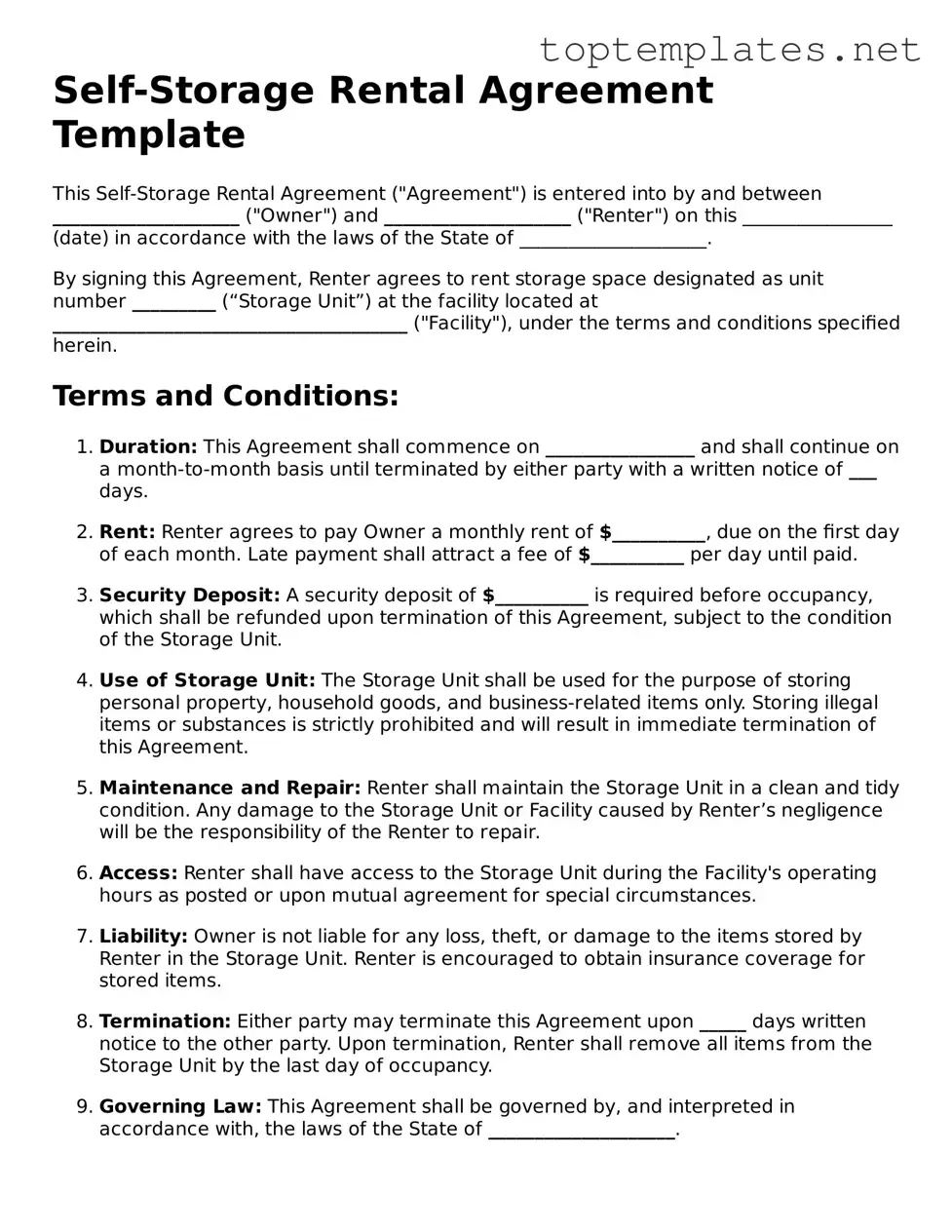 Valid Self-Storage Rental Agreement Template