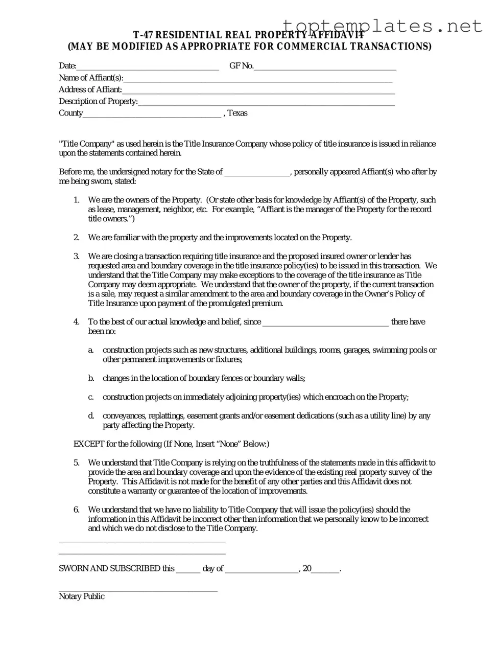 Free Texas residential property affidavit T-47 PDF Form
