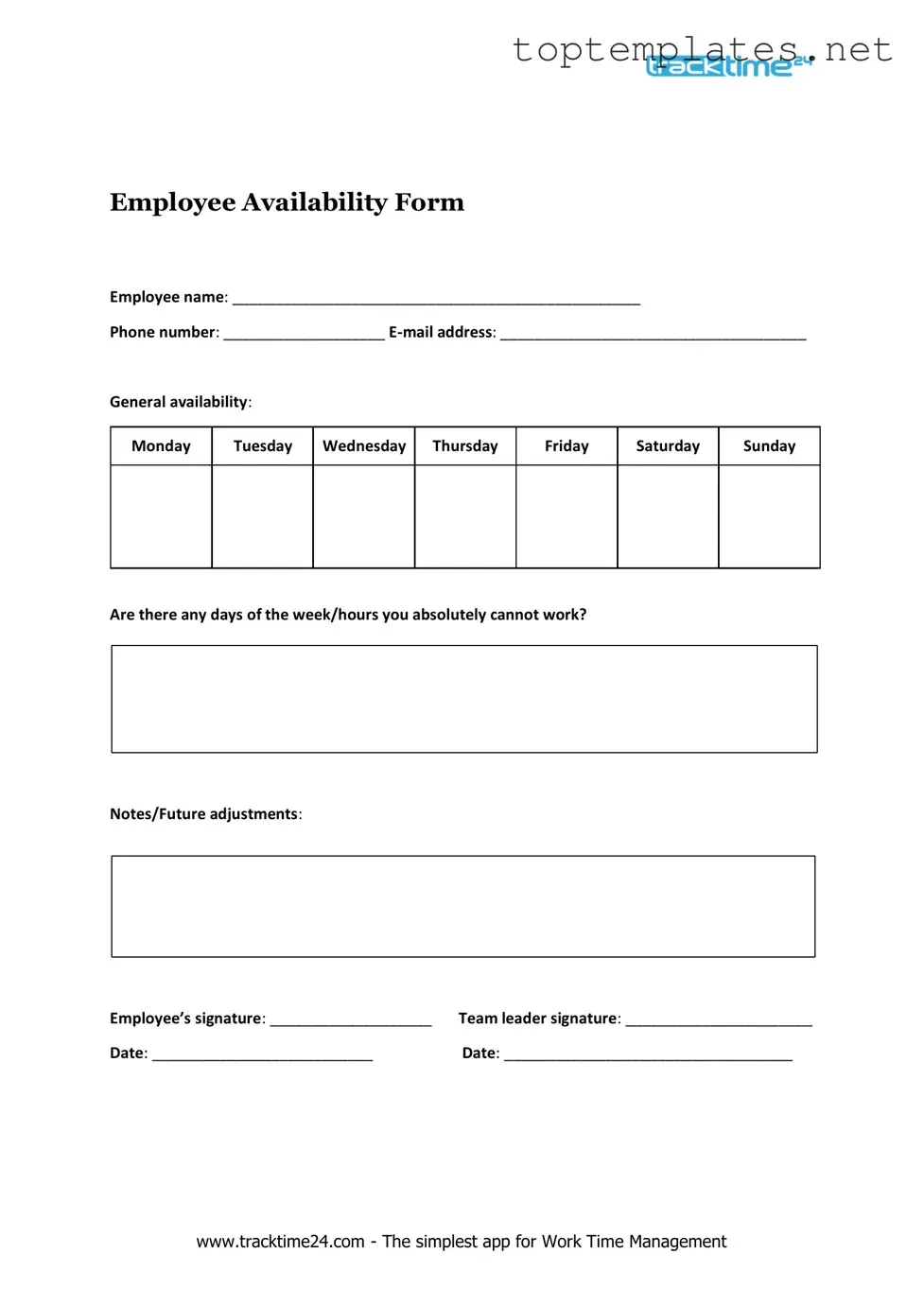 Free Employee Availability PDF Form